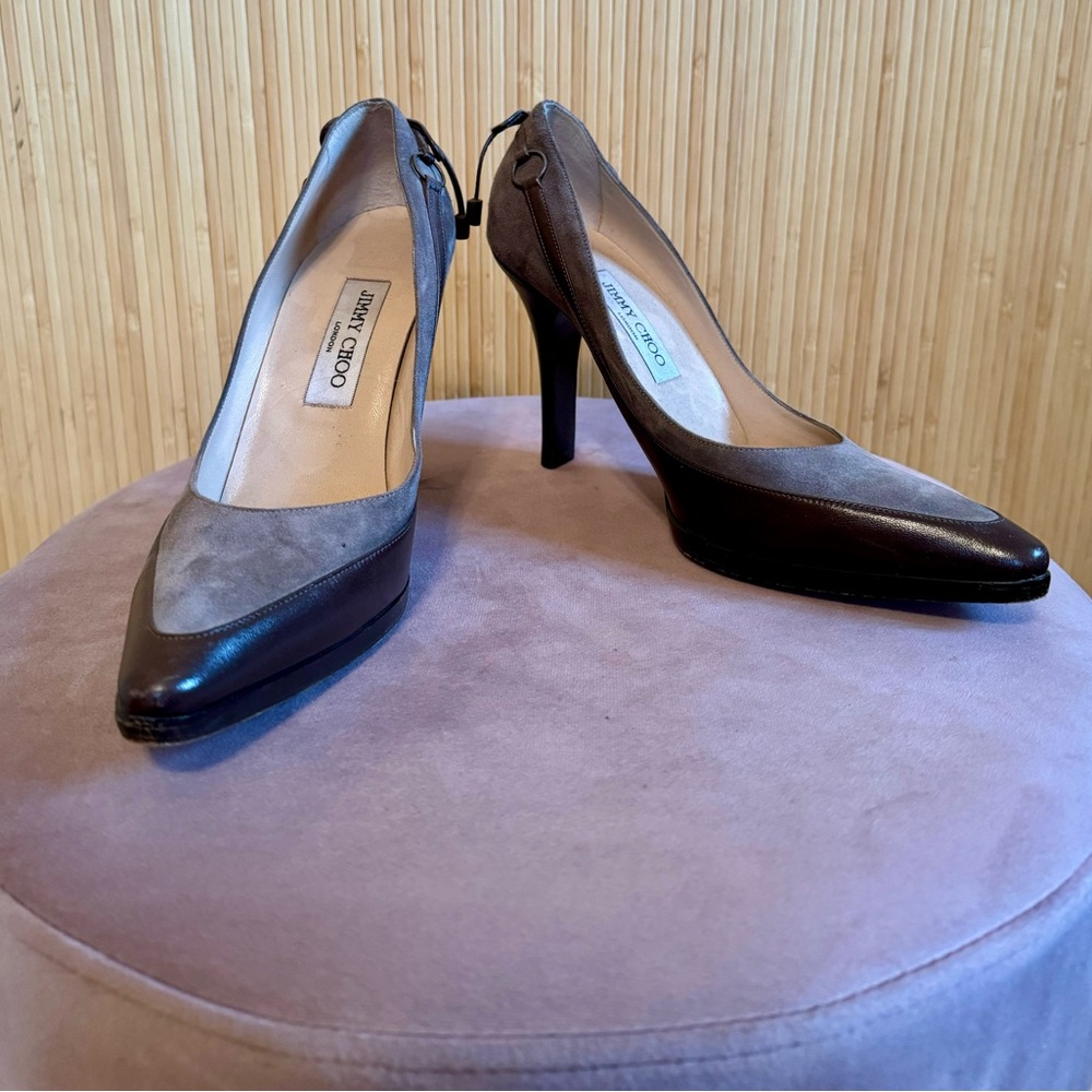 Jimmy Choo Gray Suede and Brown Leather Heels